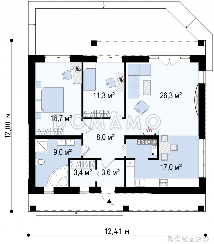 Проект компактного одноэтажного дома из газобетона с двумя спальнями, светлой просторной дневной зоной и большой открытой террасой / План 1 этажа
