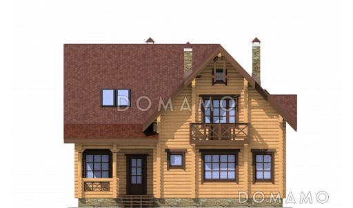 Проект дома из дерева с просторной верандой, четырьмя просторными спальными комнатами / Фасад 3