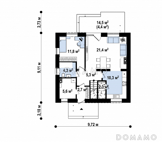 Проект загородного дома с террасой, кухней с кладовой, тремя спальнями с балконами на мансарде / План 1 этажа