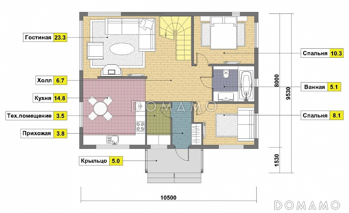 Проект небольшого каркасного дома со вторым светом / План 1 этажа