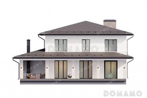 Проект двухэтажного дома с гаражом, 5 спальнями и угловой крытой террасой  / Фасад 1