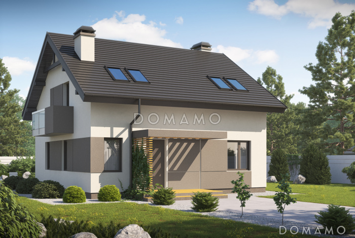 Проект загородного дома с террасой, кухней с кладовой, тремя спальнями с балконами на мансарде