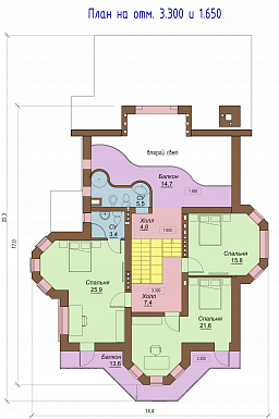 Проект двухэтажного коттеджа с цоколем, с двумя эркерами, балконом и двумя террасами / План 2 этажа