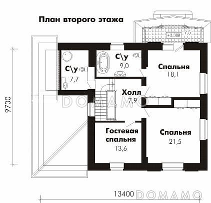 Проект дома из пеноблоков с гостевой комнатой на первом этаже и гаражом для одного автомобиля / План 2 этажа