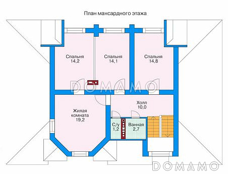 Проект двухэтажного дома из бруса с небольшой кухней, тремя спальнями на втором этаже / План мансардного этажа
