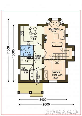 Проект уютного компактного коттеджа с зеленой крышей и панорамным эркером гостиной / План 1 этажа
