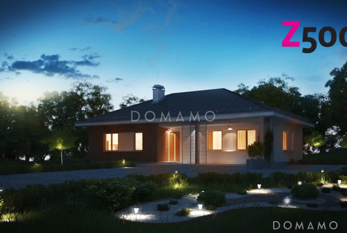 Проект практичного одноэтажного дома из кирпича с двумя частично крытыми террасами