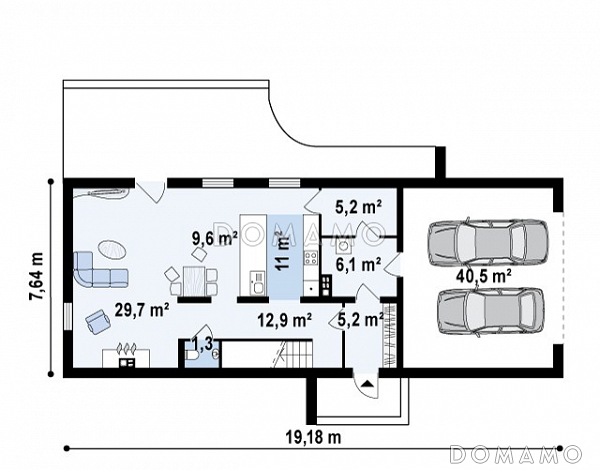 Проект современного двухэтажного дома из кирпича, с тремя спальнями, гаражом и террасой над ним / План 1 этажа