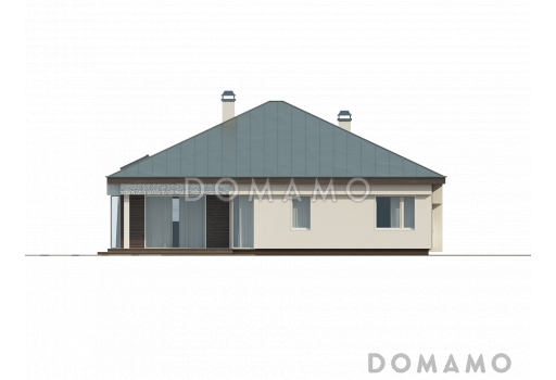 Проект одноэтажного дома из кирпича со стеклянным эркером в просторной гостиной и гаражом на два автомобиля / Фасад 2