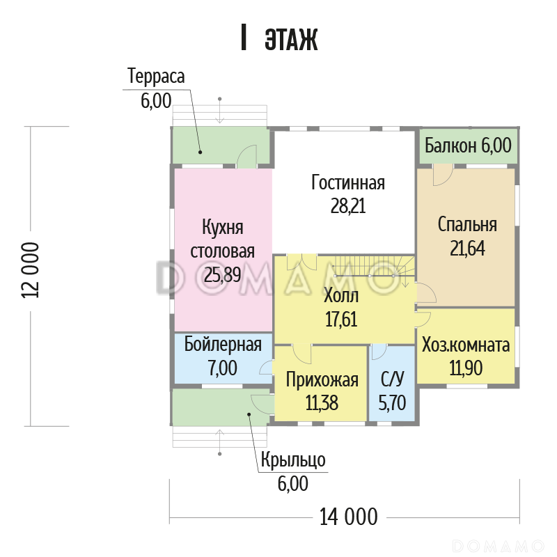 Проект дома из бруса с просторной гостиной / План 1 этажа