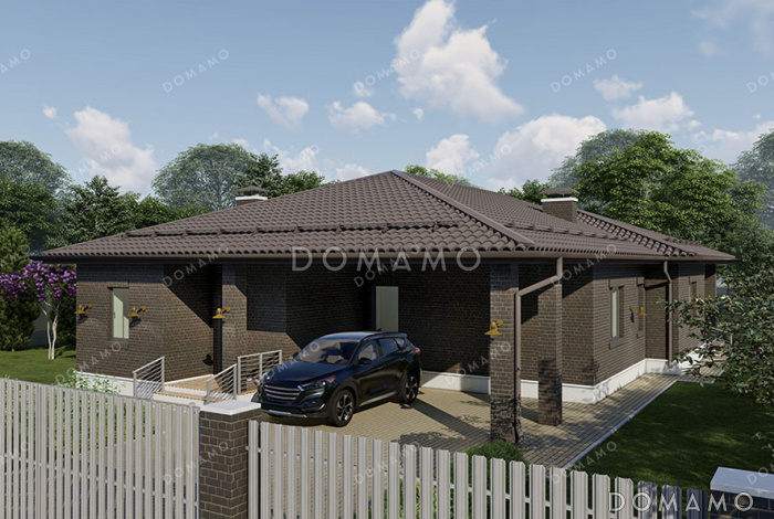 Проект одноэтажного дома с мастер-спальней, кабинетом и навесом для автомобиля