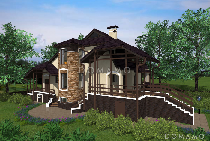 Проект дома с цокольным и мансардным этажами, с круглым эркером и террасой
