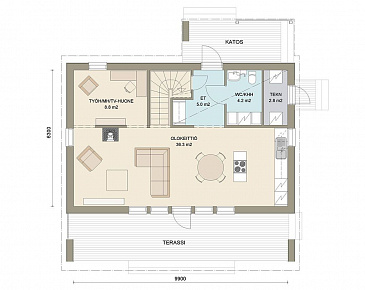Проект двухэтажного каркасного дома с косой крышей / План 1 этажа