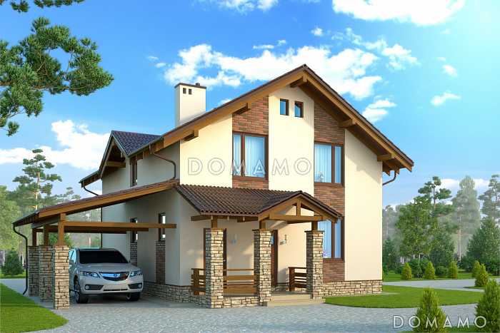 Проект вместительного коттеджа с каменными столбами крыльца и навеса