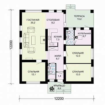 Проект одноэтажного дома по технологии ЛСТК с тремя спальнями и крытой террасой / План 1 этажа