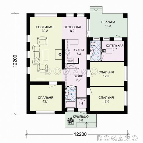 Проект одноэтажного дома по технологии ЛСТК с тремя спальнями и крытой террасой / План 1 этажа
