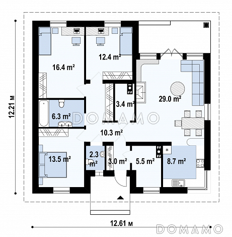 Проект одноэтажного дома из газобетона с тремя спальнями, светлой гостиной и угловым окном в кухне / План 1 этажа