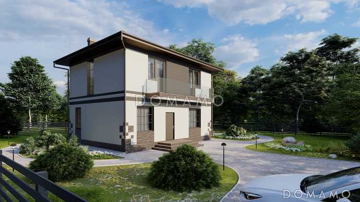 Проект компактного двухэтажного дома с 3 спальнями, гостиной и балконом