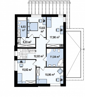 Проект современного двухэтажного дома из кирпича с плоской крышей с четырьмя спальнями, кабинетом и двухместным гаражом / План 2 этажа
