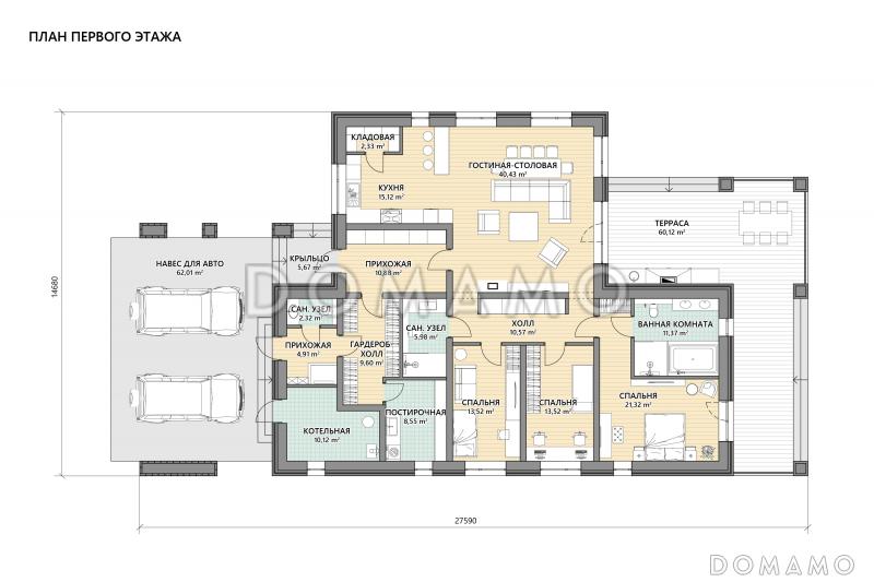 Проект дома с габаритной террасой-барбекю, мастер-спальней, просторной гардеробной / План 1 этажа
