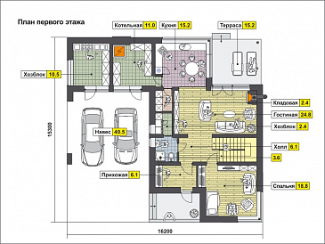 Проект дома по технологии ЛСТК с навесом на две машины, крытой террасой, спальней на первом этаже, балконом / План 1 этажа
