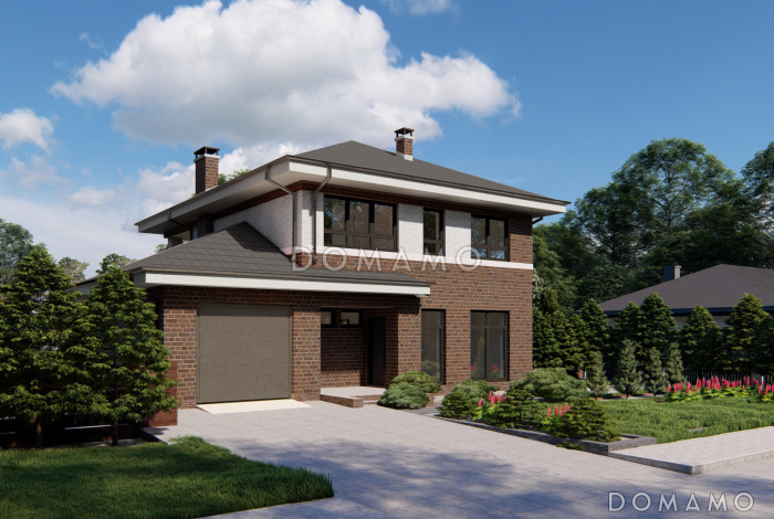 Проект двухэтажного дома с большим санузлом на первом этаже, кабинетом, гаражом на один автомобиль