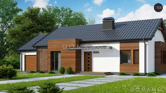 Проект одноэтажного дома из газобетона с современными фасадами, эркерами и гаражом