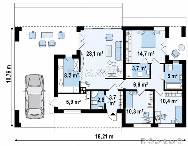 Проект современного одноэтажного дома из газобетона с тремя спальнями и оригинальным навесом для автомобиля совмещённым с террасой / План 1 этажа