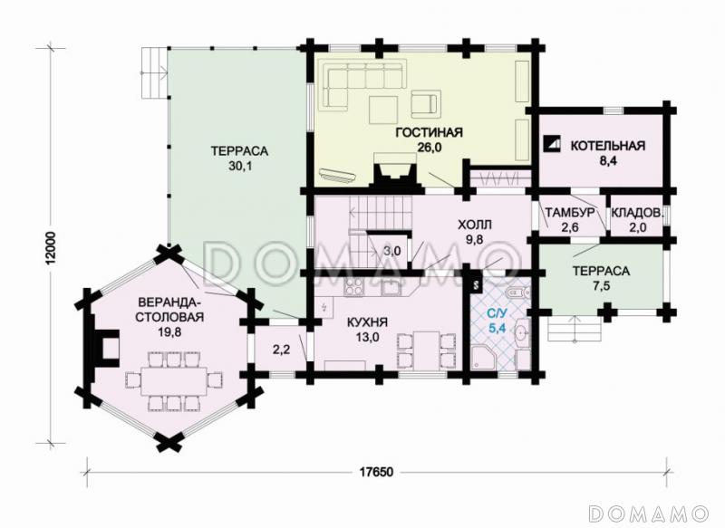 Проект уютного дома с тремя спальнями и необычной столовой-верандой / План 1 этажа