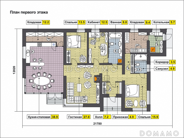 Проект одноэтажного дома с просторной кухней-столовой, кабинетом, кладовыми / План 1 этажа