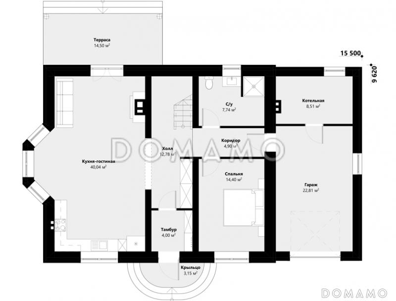 Проект дома с 4 спальнями, эркером в гостиной, террасой и пристроенным гаражом / План 1 этажа