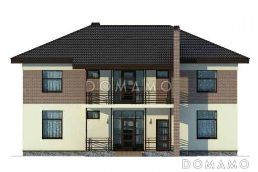 Проект двухэтажного коттеджа с контрофорсной стеной крыльца и вторым светом / Фасад 1