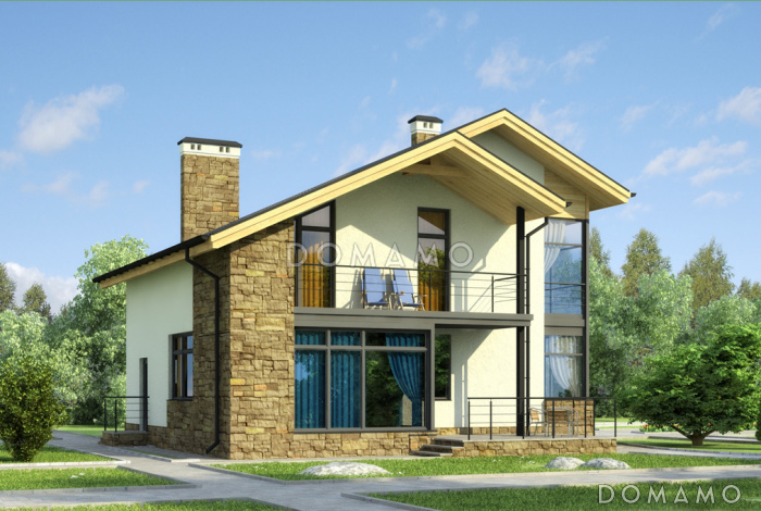 Проект частного дома из СИП панелей с навесом для автомобиля, панорамными окнами в кузне-столовой, длинным балконом на мансардном этаже
