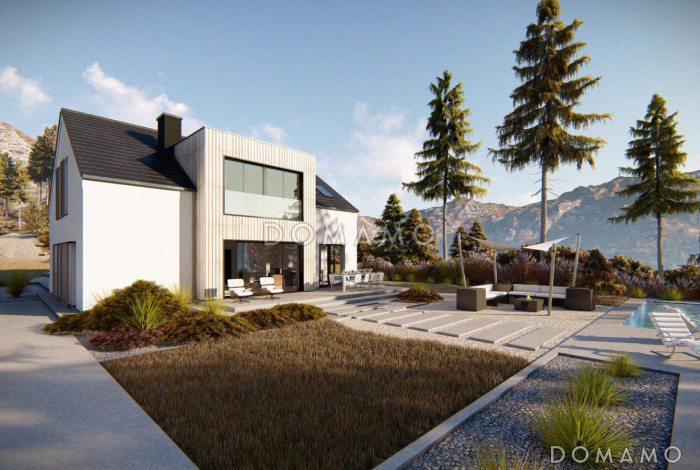 Проект мансардного дома с гаражом, панорамным остеклением, просторной кухонной зоной, прачечной