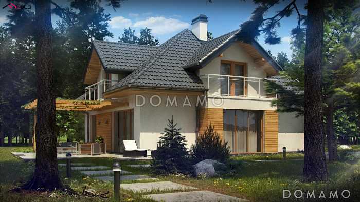 Проект дома с гаражом на две машины, спальней на первом этаже,  балконами и террасой