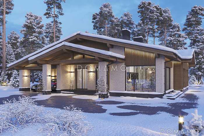 Проект дома из газобетона с навесом для автомобилей, мастер-спальней, совмещенной гостиной-столовой и кухней