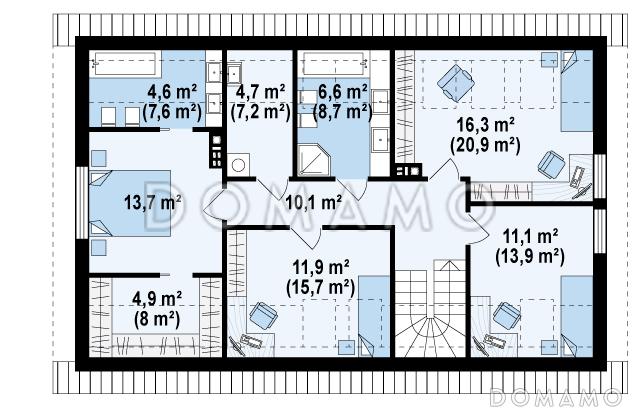 Проект одноэтажного дома с мансардным этажом из газобетона с четырьмя спальнями, кабинетом и и гаражом / План мансардного этажа