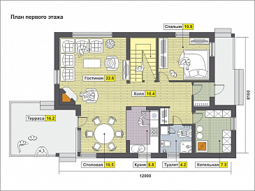 Проект загородного дома из панелей СИП с открытой террасой, небольшой кухонной зоной, вторым светом, балконом и лоджией / План 1 этажа