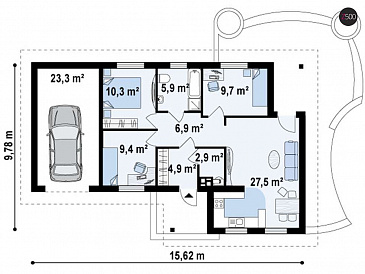 Проект небольшого одноэтажного дома из газобетона с тремя спальнями, красивой угловой террасой и гаражом / План 1 этажа
