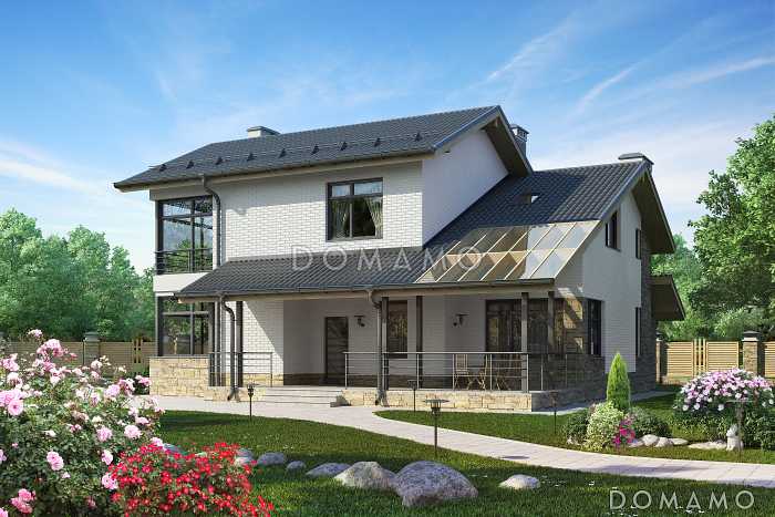 Проект загородного дома с игровой, крытой террасой, камином, просторной гостиной и кухней