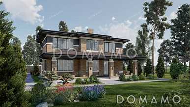 Проект большого двухэтажного дома с подвалом в стиле Райт с комбинированной отделкой и широкой кровлей