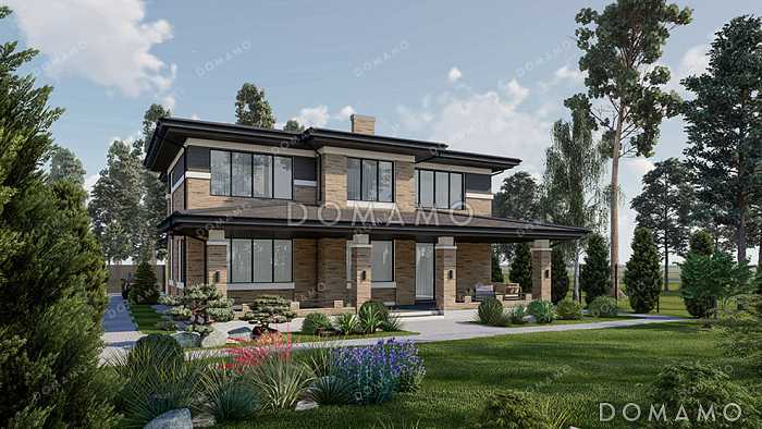 Проект большого двухэтажного дома с подвалом в стиле Райт с комбинированной отделкой и широкой кровлей