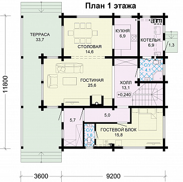 Проект дома из бруса с гостевым блоком / План 1 этажа