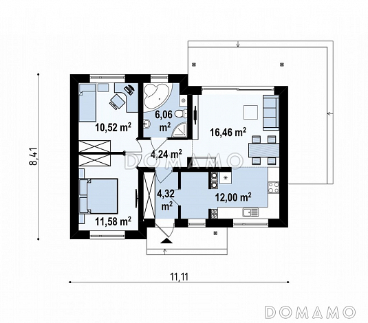 Проект компактного одноэтажного дома небольшой площади из кирпича с двумя спальнями / План 1 этажа