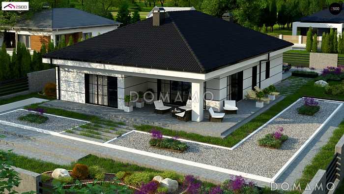 Проект одноэтажного дома из кирпича с тремя спальнями, гаражом и угловой крытой террасой