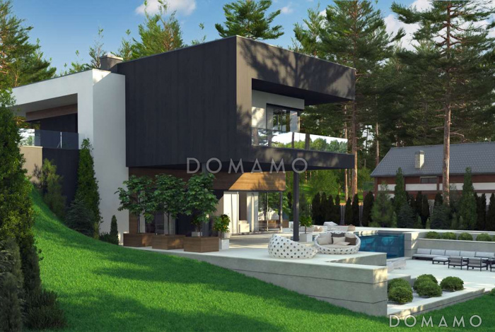 Проект современного двухэтажного дома из газобетона с плоской крышей необычного дизайна, подходит для участка со склоном