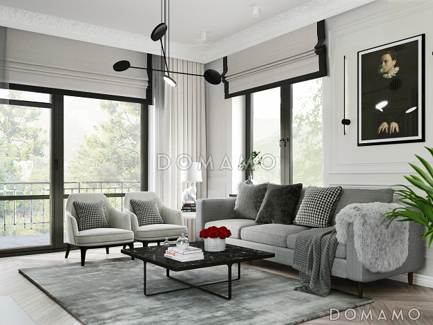 Проект дома с эркером в кухне, террасой, гостевой комнатой на первом этаже