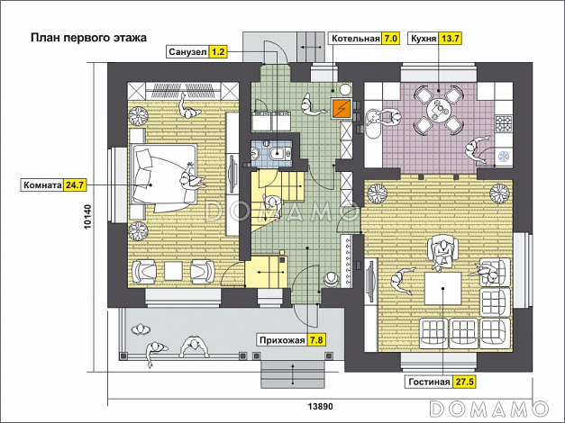 Проект одноэтажного дома с длинной крытой террасой, просторной гостиной и комнатой на первом этаже и тремя спальнями на мансардном этаже / План 1 этажа