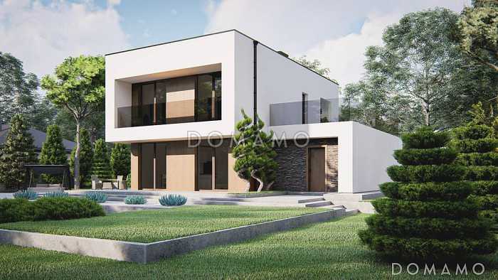 Проект двухэтажного дома с гаражом, гостиной с камином, кладовой, балконами