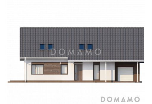 Проект одноэтажного мансардного дома из газобетона со встроенным гаражом и угловой террасой / Фасад 1